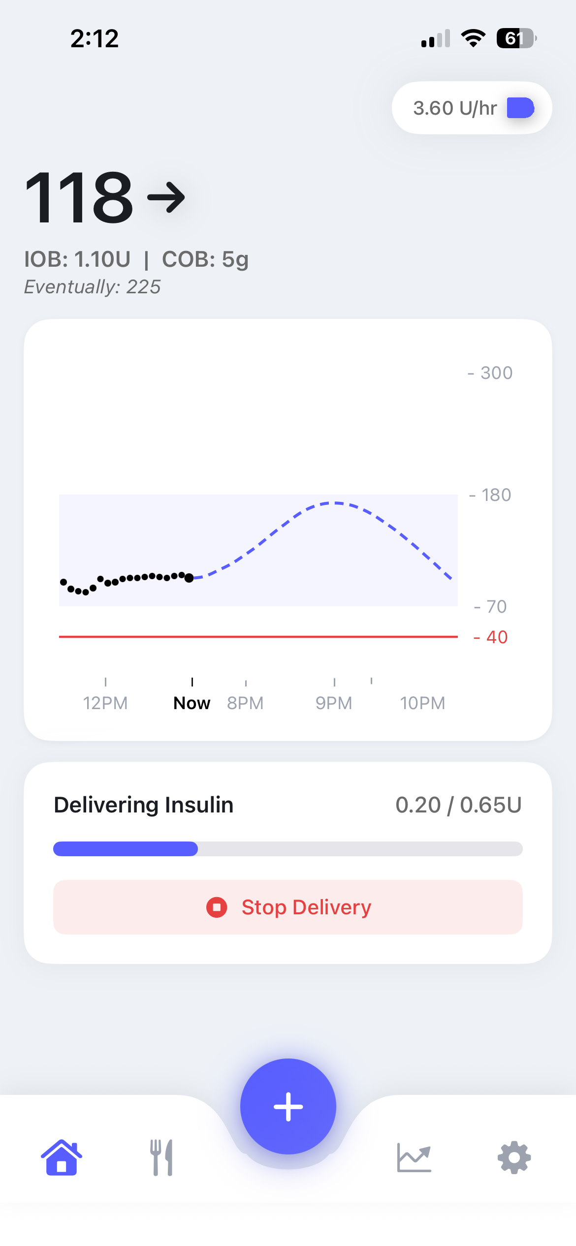 Dossi home screen — live glucose, prediction, insulin on board, and active extended delivery